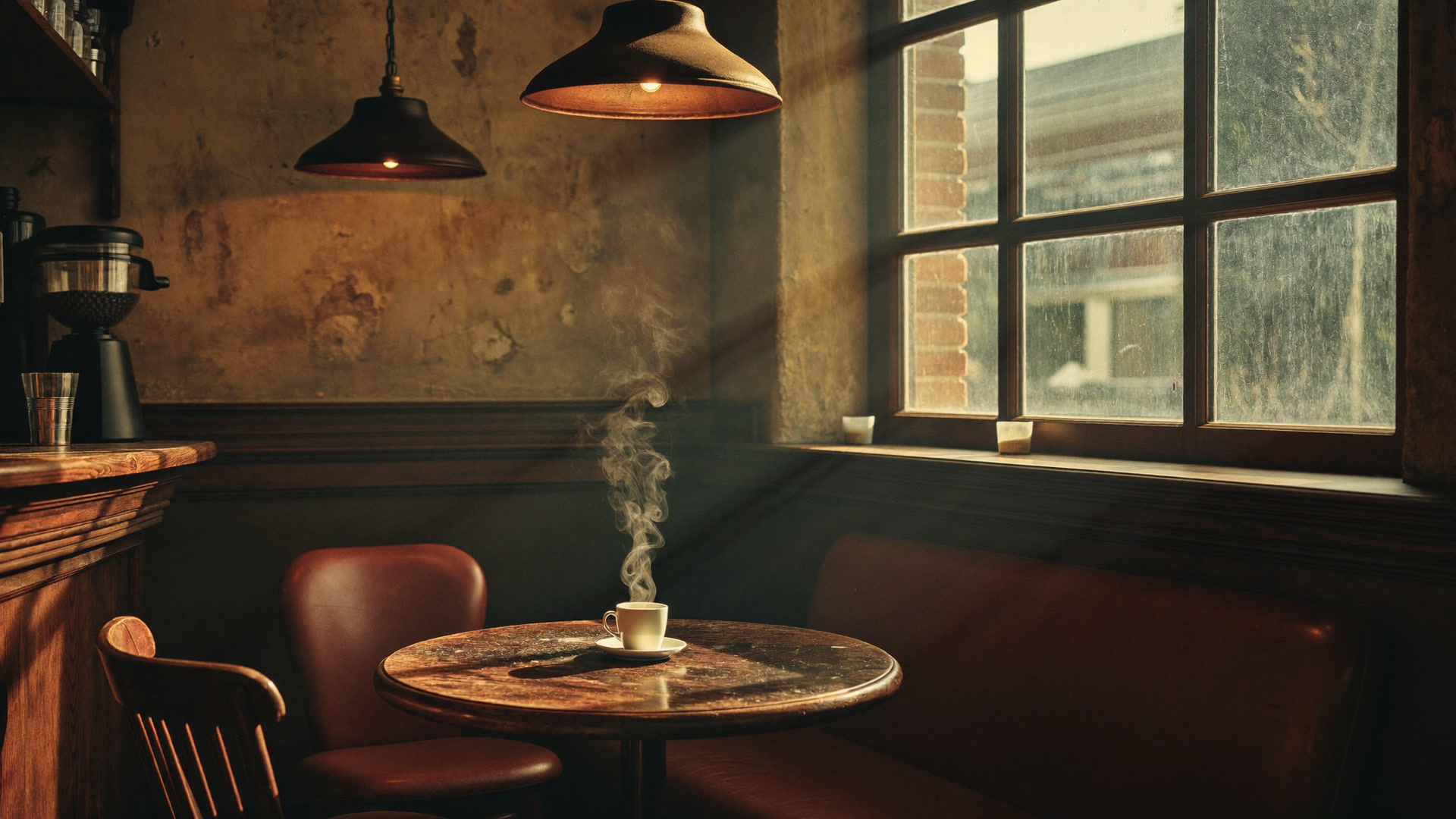 A cozy coffee shop corner with warm pendant lights and a leather armchair.