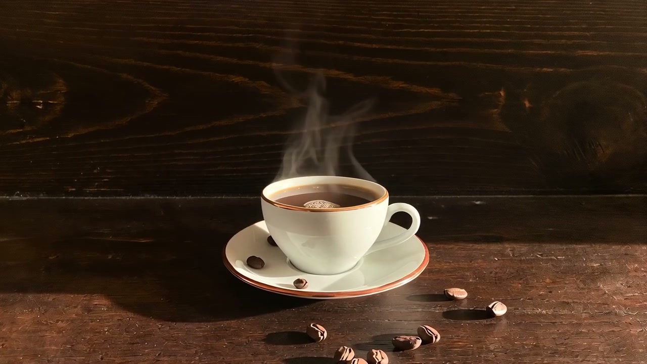 A full cup of coffee resting on a dark wood counter, steam curling upward in morning light.